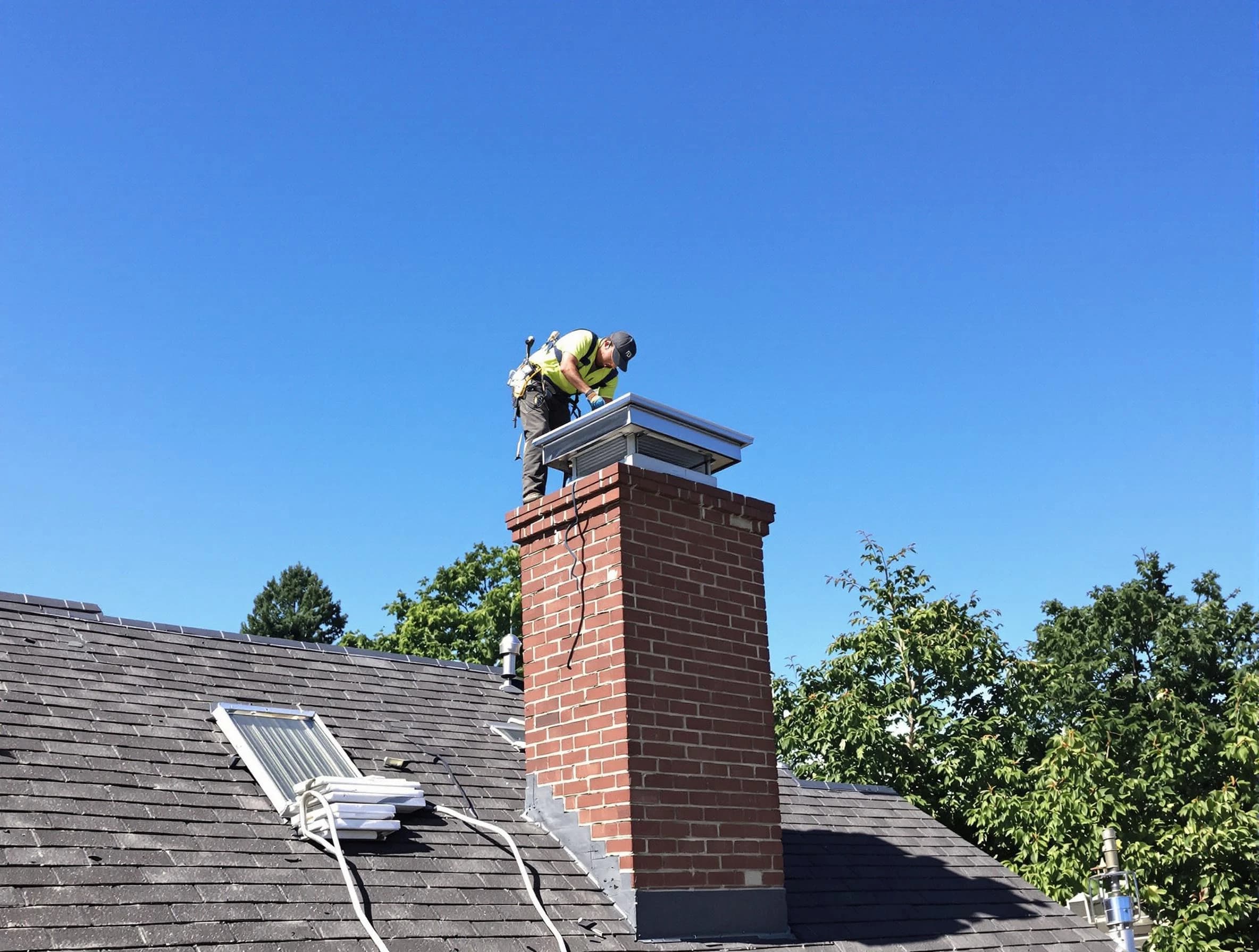 Shelbyville Chimney Sweep technician measuring a chimney cap in Shelbyville, TN